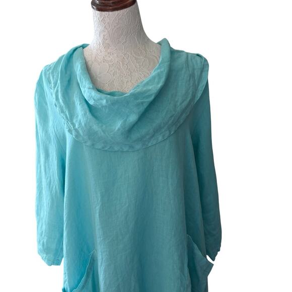 MatchPoint turquoise linen blend cowl neck tunic   L LAGENLOOK beachy minimalist - Picture 9 of 13